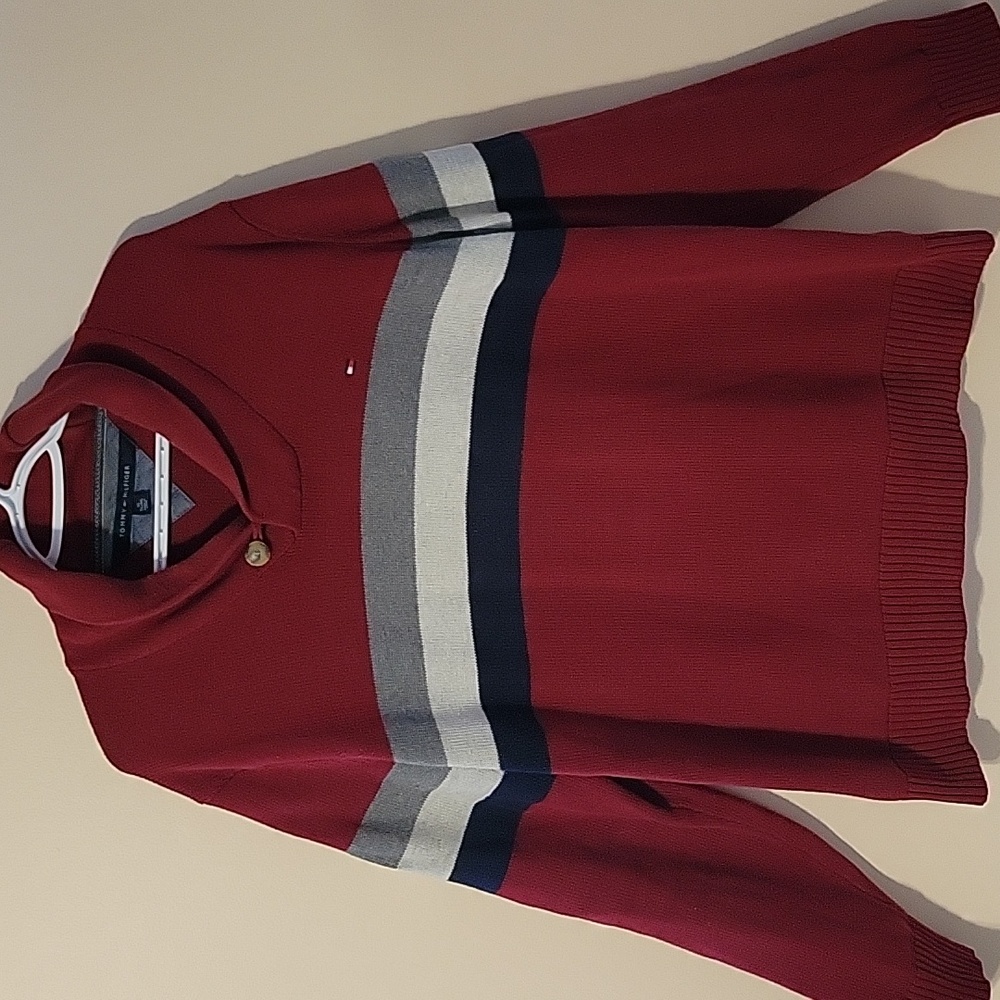 Tommy Hilfiger Men's Red Burgundy Cardigan Stripes Size XL